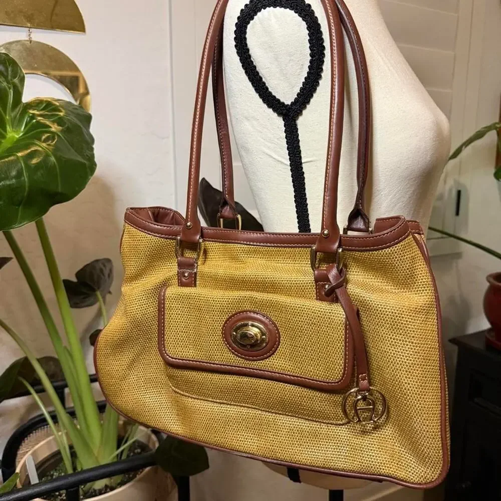 Vintage Y2K Etienne Aigner Woven Jute Shoulder Bag Brown Gold Hardware Tote